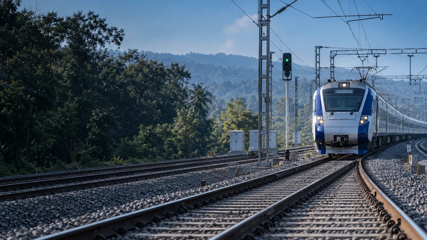 Electric passenger train approaching along monitored railway tracks and signalling infrastructure